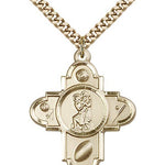 Sports 5 Way Cross St Christopher Medal, Gold Filled - 24&quot; 2.4mm Gold Plated Endless Chain