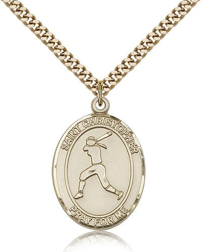 St. Christopher Softball Medal, Gold Filled, Large - 24&quot; 2.4mm Gold Plated Chain + Clasp