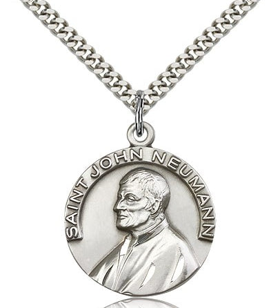 St. John Neumann Medal, Sterling Silver - 24&quot; 2.4mm Rhodium Plate Endless Chain