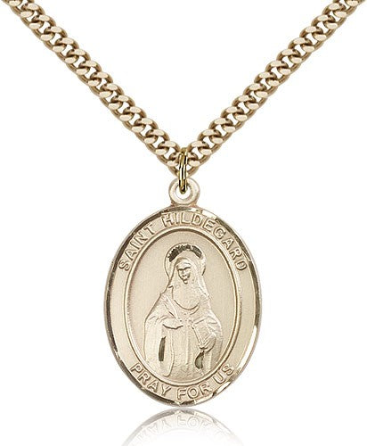 St. Hildegard Von Bingen Medal, Gold Filled, Large - 24&quot; 2.4mm Gold Plated Chain + Clasp