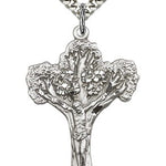 Tree of Life Crucifix Pendant, Sterling Silver - 24&quot; 2.4mm Rhodium Plate Endless Chain