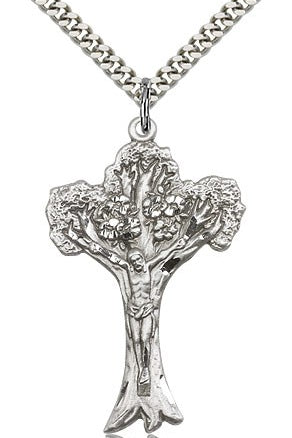 Tree of Life Crucifix Pendant, Sterling Silver - 24&quot; 2.4mm Rhodium Plate Endless Chain