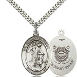 Guardian Angel Coast Guard Medal, Sterling Silver, Large - 24&quot; 2.4mm Rhodium Plate Chain + Clasp