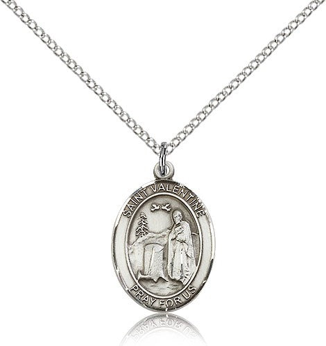 St. Valentine of Rome Medal, Sterling Silver, Medium - 18&quot; 1.2mm Sterling Silver Chain + Clasp
