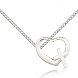 Heart Cross Pendant, Sterling Silver - 18&quot; 1.2mm Sterling Silver Chain + Clasp