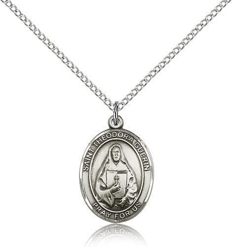 St. Theodore Guerin Medal, Sterling Silver, Medium - 18&quot; 1.2mm Sterling Silver Chain + Clasp