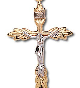 Women's 14kt Gold Over Sterling Silver Two-tone Wheat Sheaf Tip Crucifix + 18 Inch Gold Plated Brass Chain - Gold-tone