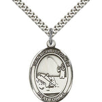 St. Christopher Fishing Medal, Sterling Silver, Large - 24&quot; 2.4mm Rhodium Plate Chain + Clasp