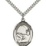 St. Christopher Fishing Medal, Sterling Silver, Large - 24&quot; 2.4mm Rhodium Plate Chain + Clasp