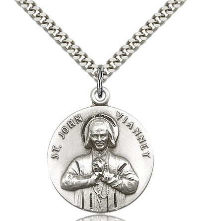 St. John Vianney Medal, Sterling Silver - 24&quot; 2.4mm Rhodium Plate Endless Chain