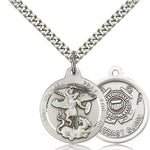 St. Michael Coast Guard Medal, Sterling Silver - 24&quot; 2.4mm Rhodium Plate Endless Chain