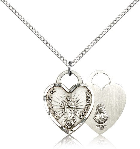 Our Lady of Guadalupe Heart Medal, Sterling Silver - 18&quot; 1.2mm Sterling Silver Chain + Clasp