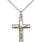 Crucifix Pendant, Two-Tone - 18&quot; 1.2mm Sterling Silver Chain + Clasp