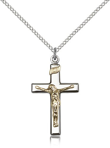 Crucifix Pendant, Two-Tone - 18&quot; 1.2mm Sterling Silver Chain + Clasp