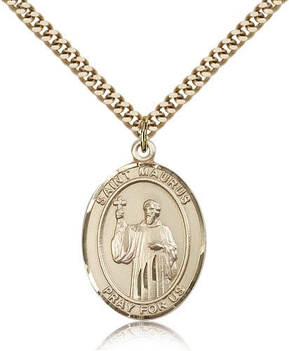 St. Maurus Medal, Gold Filled, Large - 24&quot; 2.4mm Gold Plated Chain + Clasp