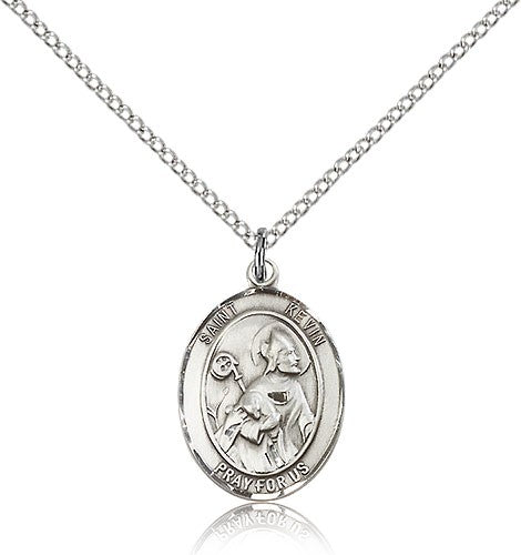 St. Kevin Medal, Sterling Silver, Medium - 18&quot; 1.2mm Sterling Silver Chain + Clasp