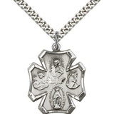 4 Way Cross Pendant, Sterling Silver - 24&quot; 2.4mm Rhodium Plate Endless Chain