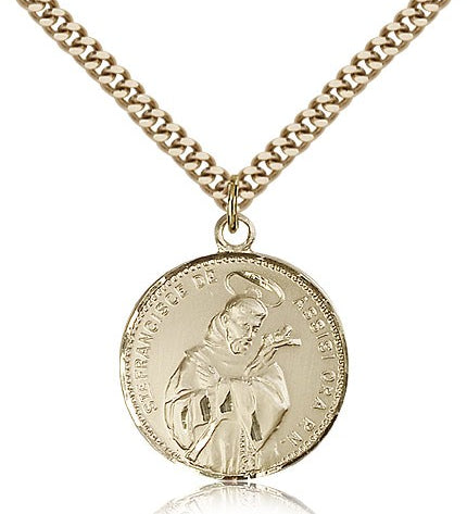 St. Francis of Assisi Medal, Gold Filled - 24&quot; 2.4mm Gold Plated Endless Chain