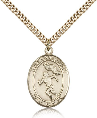 St. Christopher Track and Field Medal, Gold Filled, Large - 24&quot; 2.4mm Gold Plated Chain + Clasp