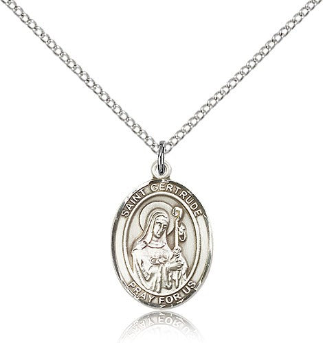 St. Gertrude of Nivelles Medal, Sterling Silver, Medium - 18&quot; 1.2mm Sterling Silver Chain + Clasp