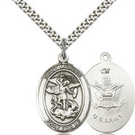 St. Michael Army Medal, Sterling Silver, Large - 24&quot; 2.4mm Rhodium Plate Chain + Clasp