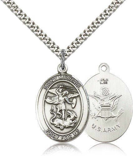 St. Michael Army Medal, Sterling Silver, Large - 24&quot; 2.4mm Rhodium Plate Chain + Clasp