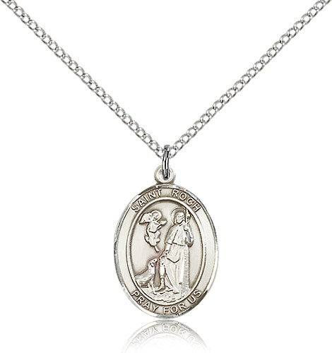 St. Roch Medal, Sterling Silver, Medium - 18&quot; 1.2mm Sterling Silver Chain + Clasp