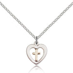 Heart Cross Pendant, Two-Tone - 18&quot; 1.2mm Sterling Silver Chain + Clasp