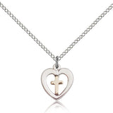 Heart Cross Pendant, Two-Tone - 18&quot; 1.2mm Sterling Silver Chain + Clasp