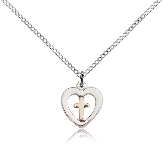 Heart Cross Pendant, Two-Tone - 18&quot; 1.2mm Sterling Silver Chain + Clasp