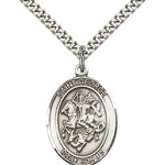 St. George Medal, Sterling Silver, Large - 24&quot; 2.4mm Rhodium Plate Chain + Clasp