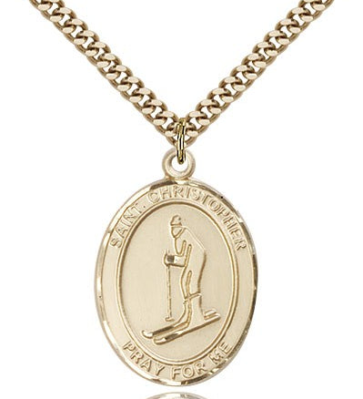 St. Christopher Skiing Medal, Gold Filled, Large - 24&quot; 2.4mm Gold Plated Chain + Clasp