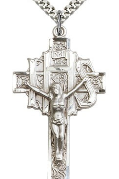 Crucifix Pendant, Sterling Silver - 24&quot; 2.4mm Rhodium Plate Endless Chain