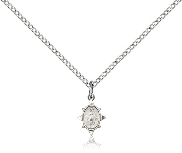 Miraculous Medal, Sterling Silver - 18&quot; 1.2mm Sterling Silver Chain + Clasp