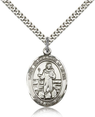 St. Bernadine of Sienna Medal, Sterling Silver, Large - 24&quot; 2.4mm Rhodium Plate Chain + Clasp