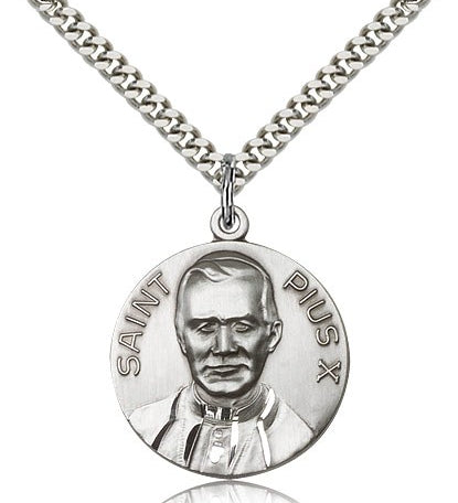 Pope Pius X Medal, Sterling Silver - 24&quot; 2.4mm Rhodium Plate Endless Chain