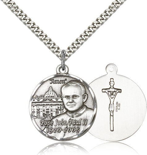 Pope John Paul II Vatican Medal, Sterling Silver - 24&quot; 2.4mm Rhodium Plate Endless Chain