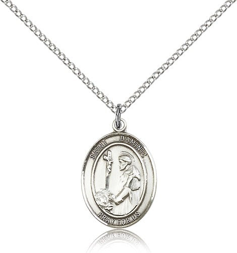 St. Dominic De Guzman Medal, Sterling Silver, Medium - 18&quot; 1.2mm Sterling Silver Chain + Clasp