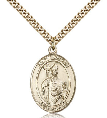 St. Kilian Medal, Gold Filled, Large - 24&quot; 2.4mm Gold Plated Chain + Clasp