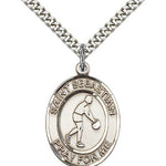 St. Sebastian Basketball Medal, Sterling Silver, Large - 24&quot; 2.4mm Rhodium Plate Chain + Clasp