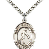 St. Sebastian Basketball Medal, Sterling Silver, Large - 24&quot; 2.4mm Rhodium Plate Chain + Clasp