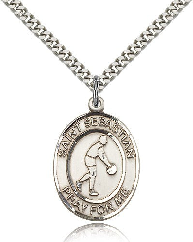 St. Sebastian Basketball Medal, Sterling Silver, Large - 24&quot; 2.4mm Rhodium Plate Chain + Clasp
