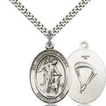 Guardian Angel Paratrooper Medal, Sterling Silver, Large - 24&quot; 2.4mm Rhodium Plate Chain + Clasp