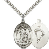 Guardian Angel Paratrooper Medal, Sterling Silver, Large - 24&quot; 2.4mm Rhodium Plate Chain + Clasp