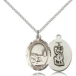 St. Christopher Fishing Medal, Sterling Silver, Medium - 18&quot; 1.2mm Sterling Silver Chain + Clasp