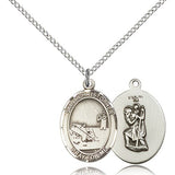 St. Christopher Fishing Medal, Sterling Silver, Medium - 18&quot; 1.2mm Sterling Silver Chain + Clasp