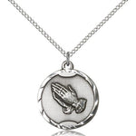 Praying Hands Medal, Sterling Silver - 18&quot; 1.2mm Sterling Silver Chain + Clasp