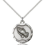 Praying Hands Medal, Sterling Silver - 18&quot; 1.2mm Sterling Silver Chain + Clasp