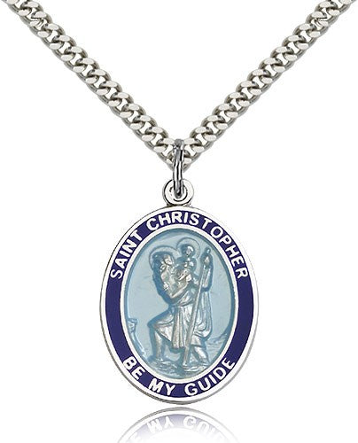 St. Christopher Medal, Sterling Silver, Large - 24&quot; 2.4mm Rhodium Plate Chain + Clasp