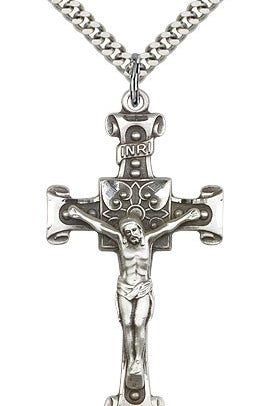 Crucifix Pendant, Sterling Silver - 24&quot; 2.4mm Rhodium Plate Endless Chain